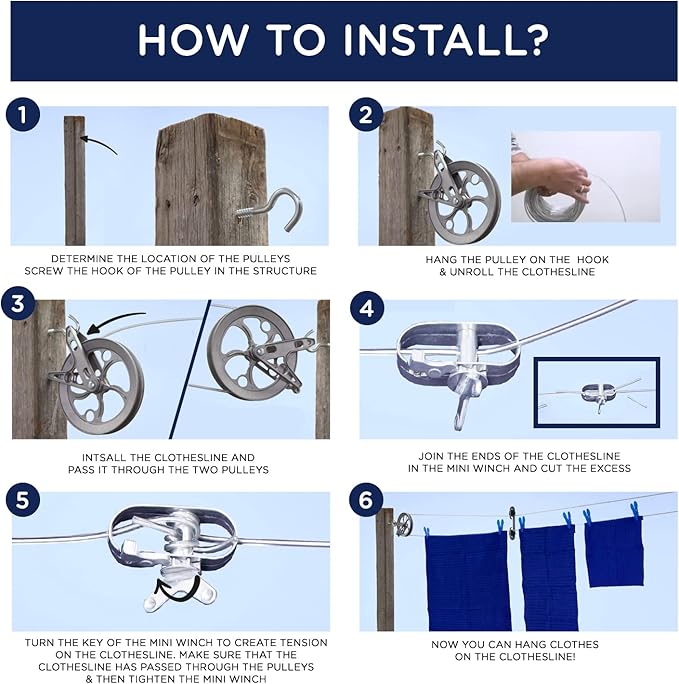 Strata Urban Grey Harmony Clothesline Outdoor Heavy Duty Kit - 150 Feet Galvanized Wire PVC Coating, 6.5" Clothes line Pulley 2pcs, Metal Mini Winch Tightener 1pc & 2 Metal Hooks