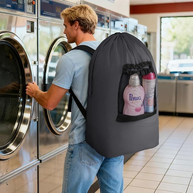 Lifewit Laundry Bag, Extra Large Laundry Backpack with Shoulder Straps and Mesh Pocket for Laundromat, Heavy Duty Laundry Bag Backpack for Dirty Clothes for College Dorm/Travel/Apartment, 90L, Gray