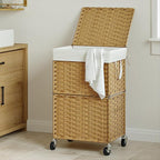 Chrislley 90L Slim Laundry Hamper with Wheels, Rolling Laundry Basket with Lid and Renovable Liner Bag, Handwoven Rattan Organizer for bedroom, bathroom, laundry room (Yellow)