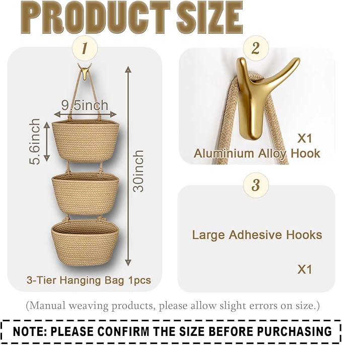 3-Tier Decorative Cotton Rope Hanging Basket, Wall-Mounted Woven Storage Organizer Bag, Jute