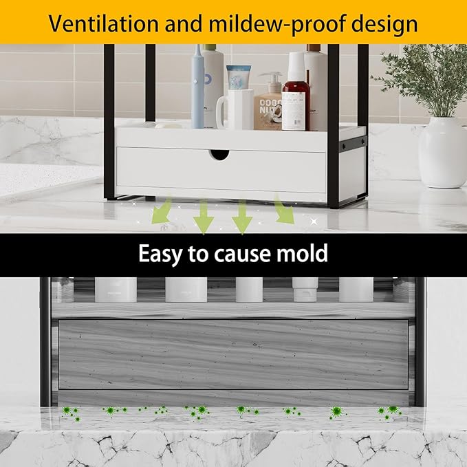 2-Tier Bathroom Organizer Countertop with Drawer, Wood Bathroom Counter Shelf for Storage, Vanity Organizer Countertop for Kitchen, Office