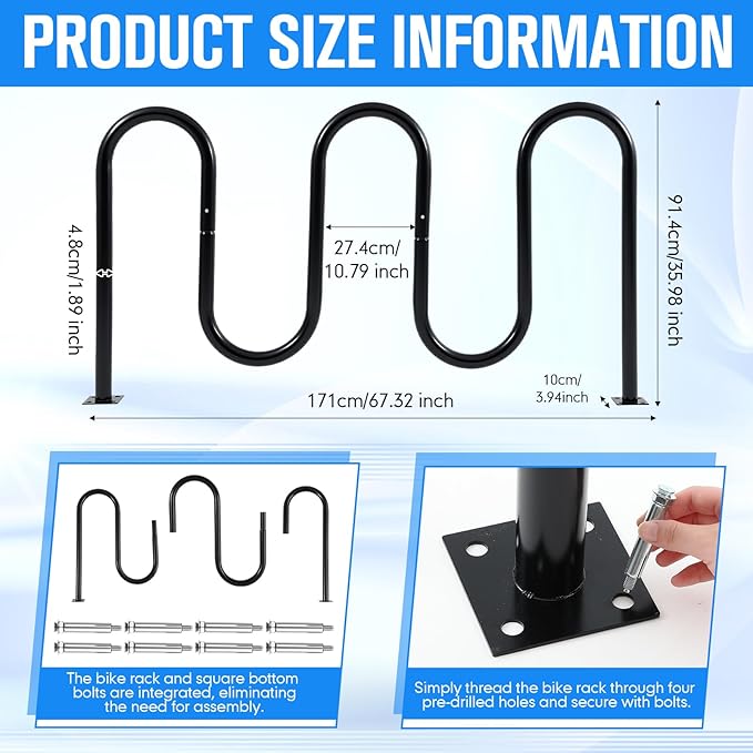7 Bike Capacity Wave Bike Rack Commercial Bicycle Rack 68" L Heavy Duty Galvanized Steel Bicycle Organizer Ground Parking Stand for Outdoor Garages Streets Yards Parks Schools Sidewalks