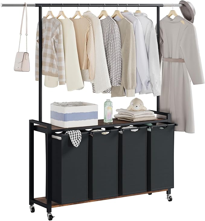 Laundry Sorter 4 Section Rolling Hamper with Hanging Rack & Wheels, Rustic Brown Laundry Basket Organizer for Laundry Room