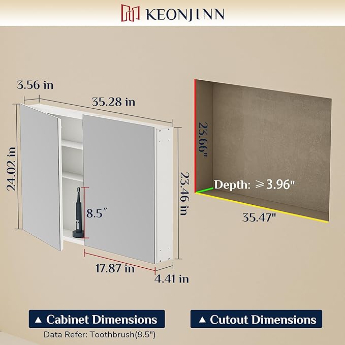 Keonjinn 36 x 24 Inch Bathroom Mirrored Medicine Cabinet, Lightweight Aluminum Structure, Freely Adjustable Shelves, Combined Assembly Needed, Surface Mount or Recessed Mirror with Storage