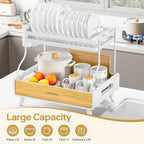 2-Tier Dish Drying Rack, Large Stainless Steel & Bamboo Dish Rack for Kitchen Counter, Dish Drainers with Adjustable Automatic Spout, Drying Rack Kitchen with Utensil Holder, White