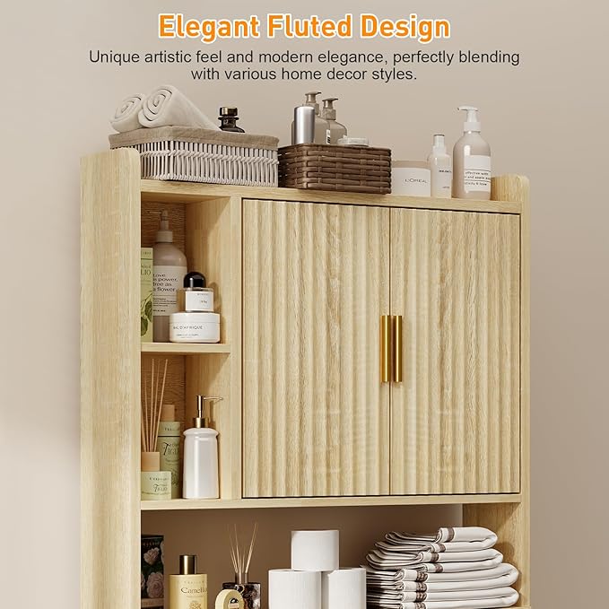Fluted Over The Toilet Storage Cabinet, Above Toilet Bathroom Organizer with Toilet Paper Holder, Modern Behind Toilet Cabinet, Space Saver for Restroom, Bathroom, Laundry, Natural Oak