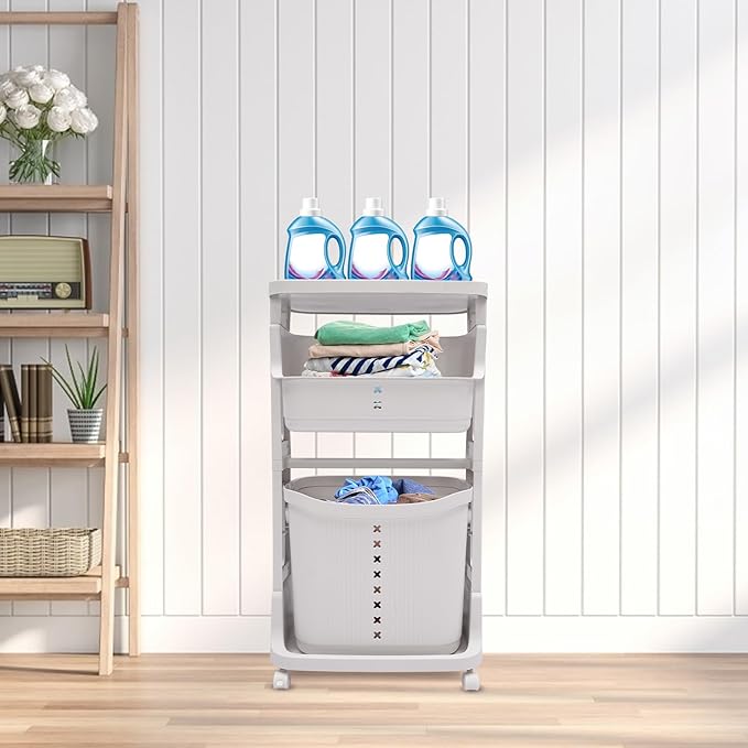 Laundry Basket Hampers,3-Layer Stackable Laundry Basket System Rolling Storage Cart, Vertical Laundry Sorter with Wheel for Kitchen Shelf,Fruit Stand,Clothes Basket (WHite)