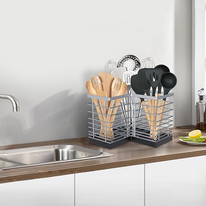 Suli Extra Large Kitchen Utensil Holder with 3 Compartments，Silvery Metal Corner Kitchen Caddy for Countertop，Farmhouse Rustic Cooking Storage-Silvery