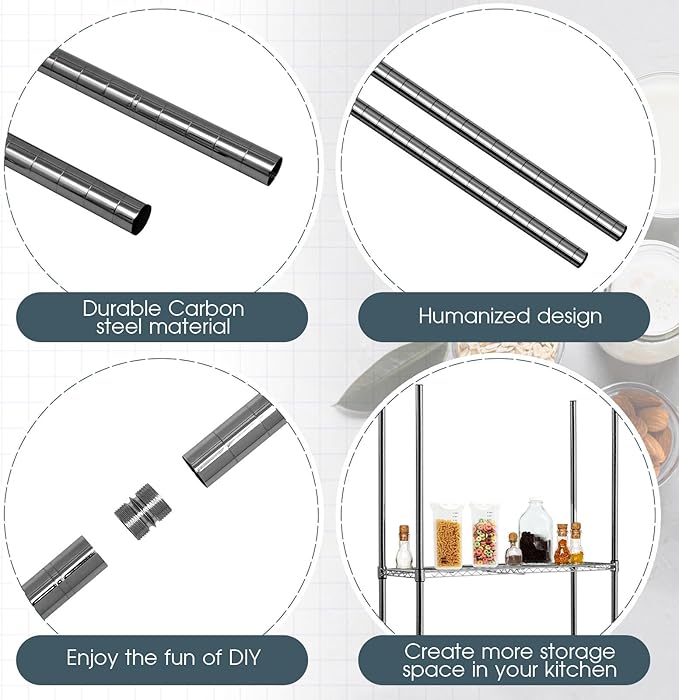 Chrome Wire Shelving Posts Commercial Heavy Duty Poles Wire Shelf Parts with 50 Pcs Clips for 1" Post Rack Accessories, Black(Set of 4,74 Inch)