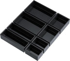 Bathroom Drawer Organizer Trays, Bamboo Drawer Organizer Kitchen Utensils Silverware Organizer, 8 PCS Wood Box Stackable Bins for Makeup, Office Desk, Junk Drawer (Black)