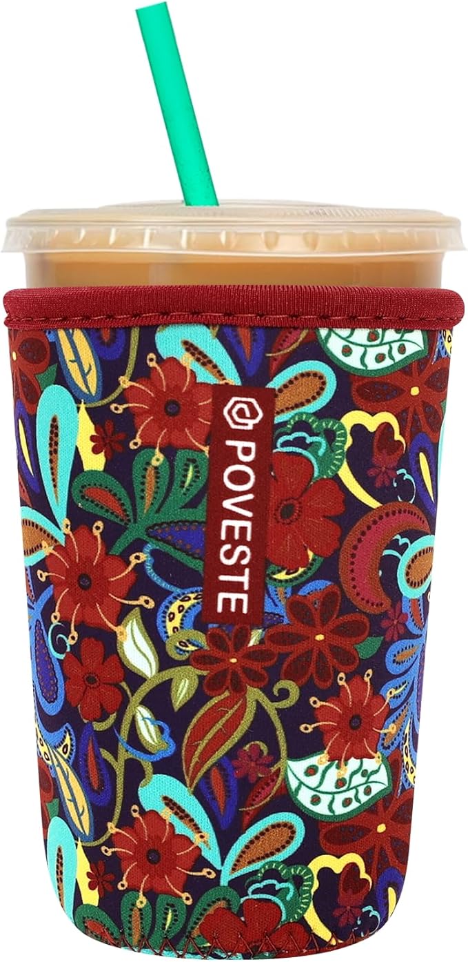 Reusable Neoprene Insulator Sleeve for Iced Coffee & Cold Soda, Coffee Sleeves for Iced & Hot Drinks, Cold Beverage Cooler Compatible with Starbucks, Dunkin (Tropical Flower, Medium: 22-24oz)