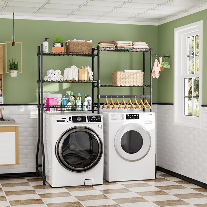 Over Washer and Dryer Shelves,Heavy Duty Laundry Room Storage Organization Clothes Drying Rack,5 Tier Adjustable Height Wire Shelving and Wire Basket with Hanger Rod&Hook,Space Saving Shelf | Heavy Duty, Clothes Drying Rack, Adjustable Height, Hanger R...