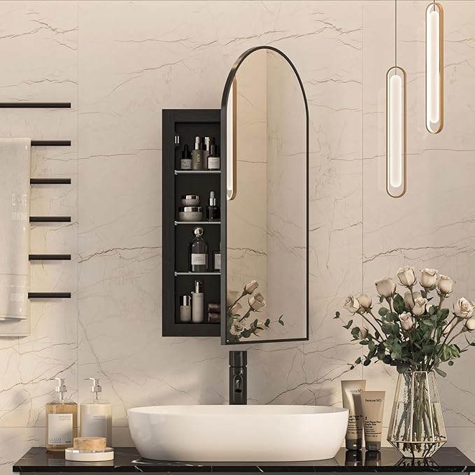 Recessed Medicine Cabinet for Bathroom,Black Arched Medicine Cabinet with Mirror,Arch Mirrored Medicine Cabinets Recessed,Bathroom Mirror with Storage,Open from Left to Right 16x31