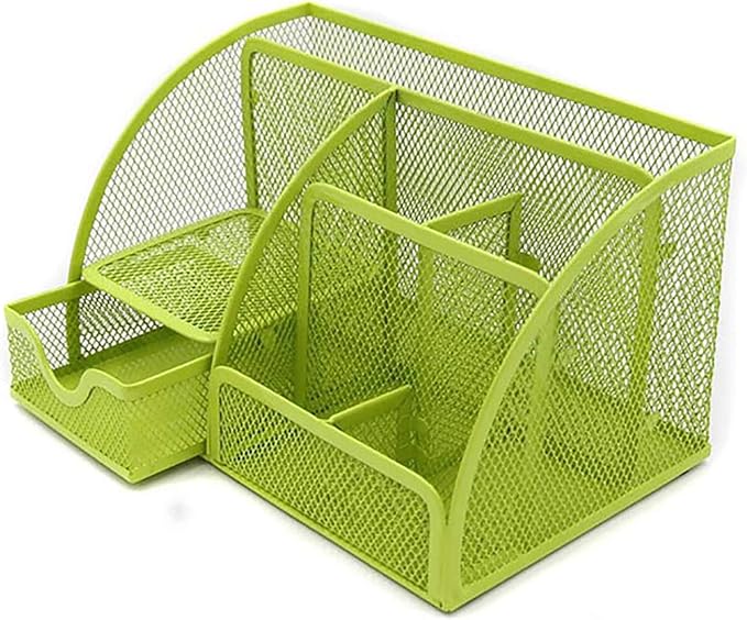 VANRA Office Supply Caddy Mesh Desk Organizer School Supply Holder 6 Compartments with Drawer (Green)
