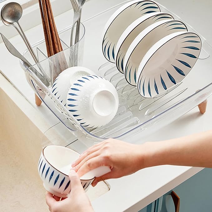 Dish Rack, Dish Drying Rack for Kitchen Counter, Dish Drainer with Drainboard Set and Utensil Holder, Sink Drying Dish Strainer Rack (Clear)