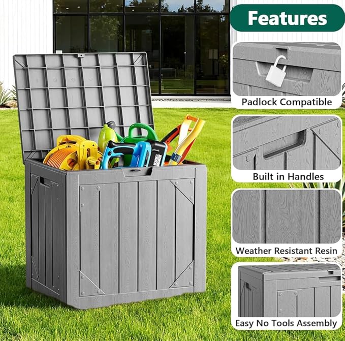 Outdoor Storage Box - 31 Gallon Waterproof Resin Deck Box, Lockable Patio Storage Bench for Package Delivery, Cushions & Garden Tools, UV Resistant (Grey, 31 Gal)