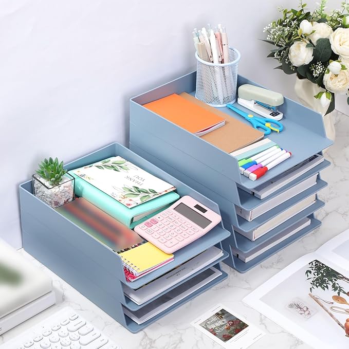 TecUnite 8 Pieces Stackable Letter Trays Blue Rectangular Stackable Office Letter Size Plastic Organizer Desk Tray for Desk Plastic Stacking Support for File Storage Office Classroom