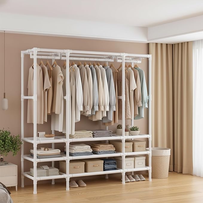 Portable Closet,Garment Rack,Heavy Duty Clothes Rack with Cover,Wardrobe Closet with 3 Hanging Rods, 6 Storage Shelves and 4 Drawers,55.1" L x 17.7" W x 67.7" H,Pale Yellow