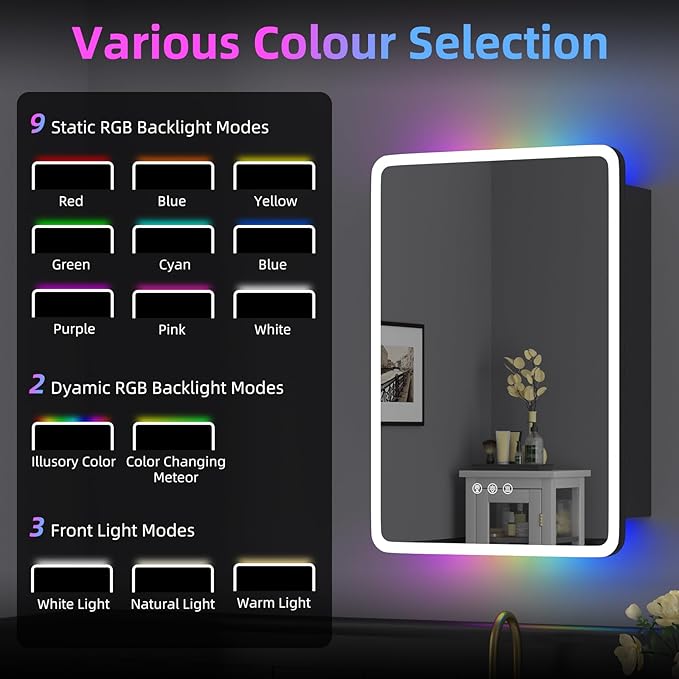 Medicine Cabinet with Lights, 16×24 Inch Lighted Wall Mounted Bathroom Mirror with Storage, LED Bathroom Cabinet with RGB Backlit and Front Lighted, Defogger, 3 Light Colors Dimmable