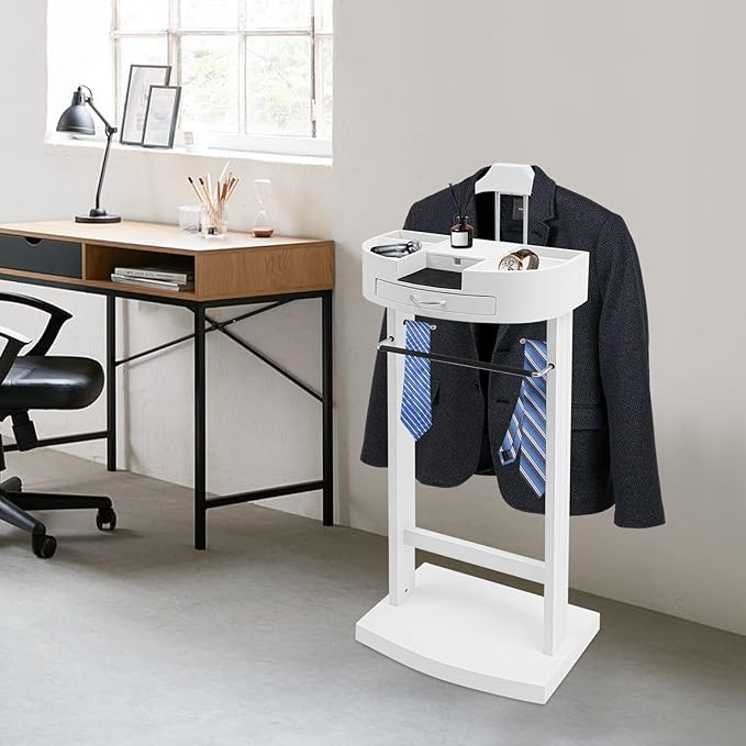 Freestanding Wood Clothes Valet Stand for Men/Women, Suit Hanger Butler Clothing Racks with Base, for Office Living Room Bed Room