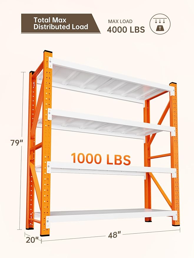 4-Tier Storage Shelves,79" H Heavy-Duty Garage Shelving Unit,Adjustable Metal Industrial Shelf System,3,500lbs Capacity,Tool Organizer for Garage,Workshop,48" W x 20" D x 79" H,Orange&White