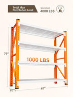 4-Tier Storage Shelves,79" H Heavy-Duty Garage Shelving Unit,Adjustable Metal Industrial Shelf System,3,500lbs Capacity,Tool Organizer for Garage,Workshop,48" W x 20" D x 79" H,Orange&White