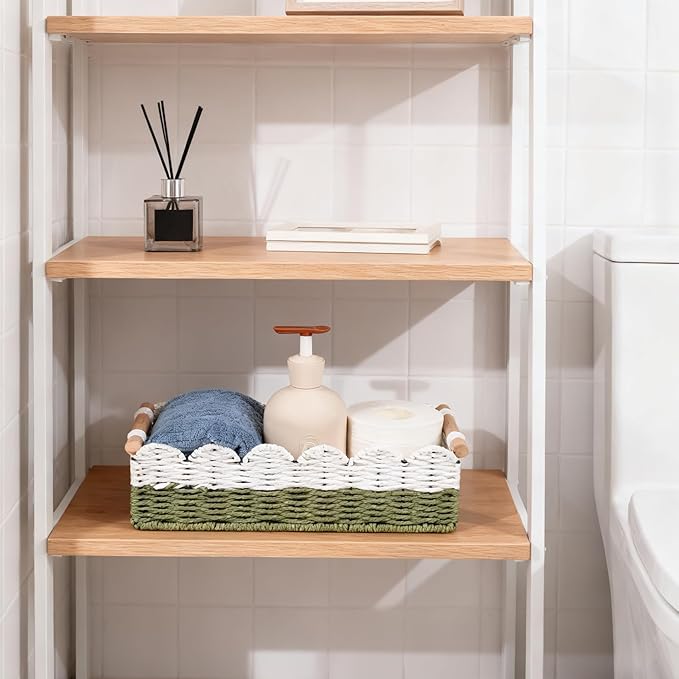 Scalloped Edge Toilet Paper Storage Basket for Bathroom Decor,Handwoven Small Paper Rope Tank Basket for Over Toilet Storage Shelf, End Table,Shelves and More, with 2 Wooden Handle