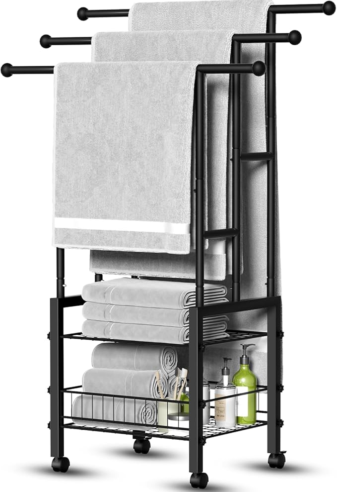 Kayfia 42.7" H Standing Towel Racks for Bathroom with Wheels, Upgraded Large Size 3 Tier Metal Blanket Rack Stand with Shelf and Basket, Storage for Oversized Bath Towels Bathroom Pool Accessories