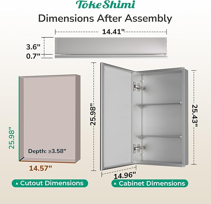 TokeShimi 15 x 26 Recessed Medicine Cabinet with Tempered Beveled Mirror, Assembly Required, Silver Medicine Cabinet for Bathroom, Stepless Adjustable Shelves, DTC Hinge