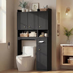 7-Tier Over Toilet Storage Cabinet with Doors, 2-in-1, Separatable Tall Narrow Cabinet, Bathroom Storage Cabinet, Adjustable Shelf, Big/Small Room, Laundry Room, Tissue Holder, Anti-Tip, Black