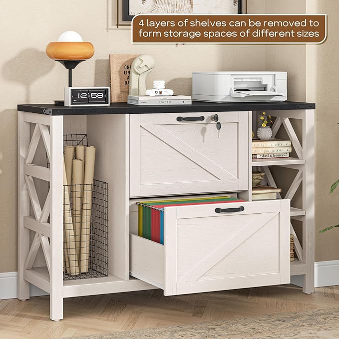 44" Lateral File Cabinet with Adjustable Shelves, Farmhouse 2 Drawer Filing Cabinet with Lock for Legal/A4/Letter, Wooden Printer Stand Office Furniture for Home Office, White and Black