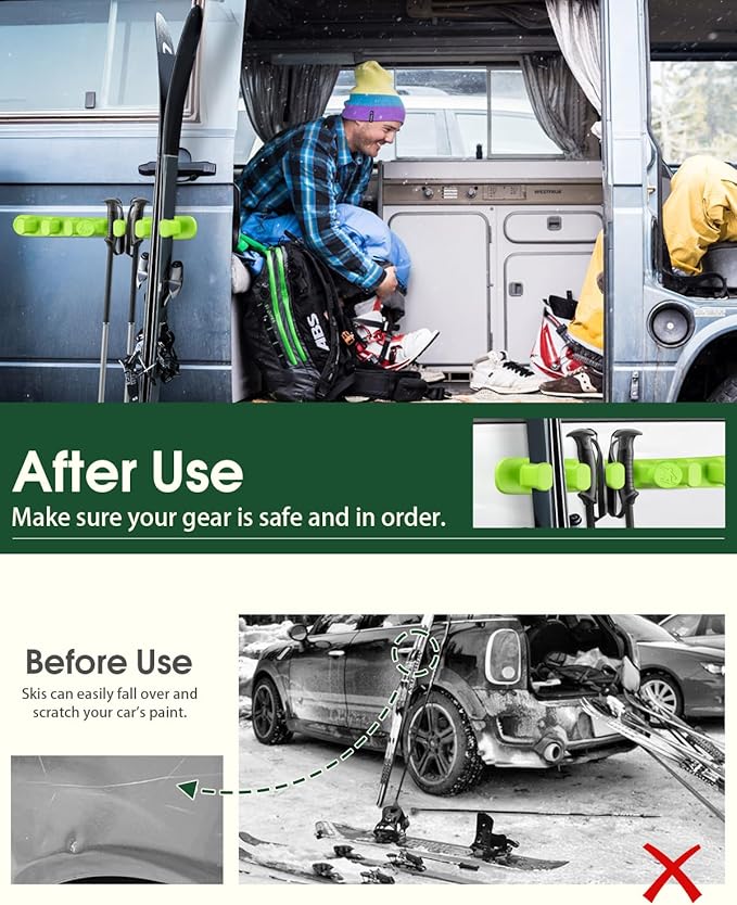 Magnetic Ski Holder for Side of Car – Rig Strips Magnetic Snowboard Mount – Prevent Ski and Snowboard from Tipping Over – Protects Vehicle from Scratches - Snowboard Accessories (Green)