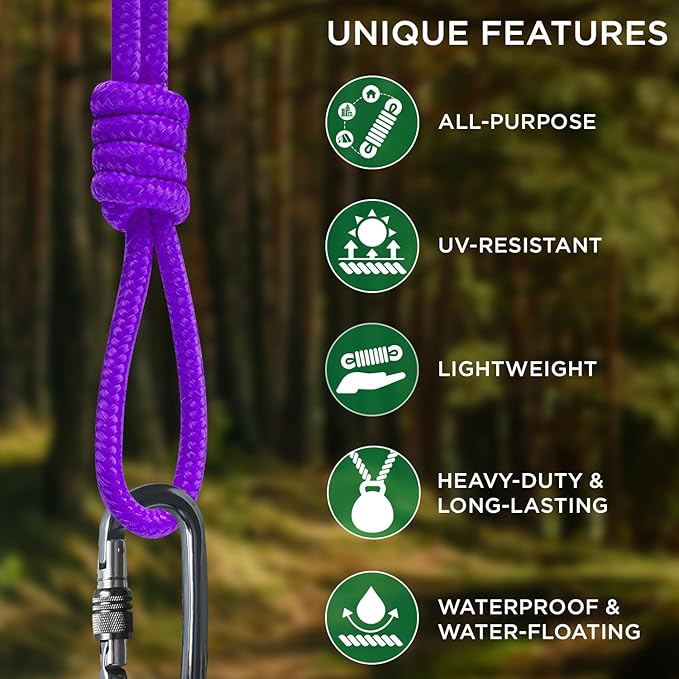TECEUM Rope – 90 Feet x 3/8 Inch (10mm) – Purple – Strong All-Purpose Utility Rope – Camping, Crafting, Flag Pole, Indoor & Outdoor – Polypropylene Nylon Poly Lightweight Diamond Braided Cord
