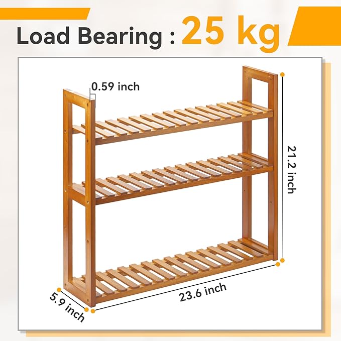 Wood Bathroom Shelf, 3-Tier Adjustable Shoes Rack&Plants Rack, Wall-Mounted or Stand for Living Room (Honey Oak)