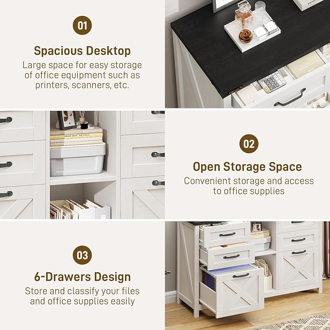 Lateral File Cabinet with 6 Drawers, Farmhouse Filing Cabinet for Letter/A4 Size, Wood File Storage Cabinets Printer Stand with Open Storage Adjustable Shelf for Home Office Cabinets, White and Black