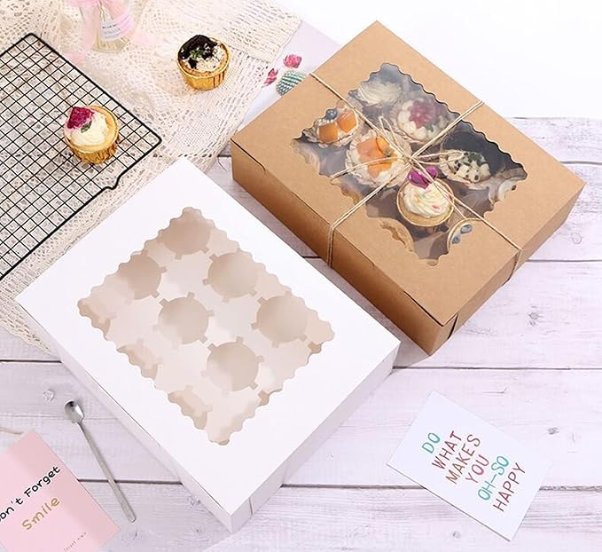 3-Set Cupcake Boxes Bulk with Clear Display Window Hold 12 Standard Cupcakes, Disposable Food Grade Brown Cupcake Carrier Cupcake Container, Perfect for Cupcakes Muffins Cookies Pastries