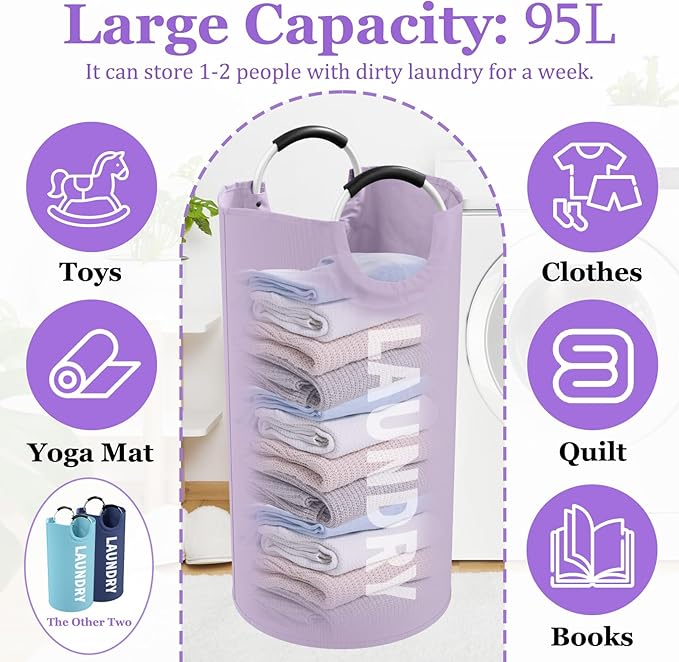 95L 3Pack Large Laundry Hamper, Foldable Laundry Basket with Handles, Dirty Clothes Basket in 600D Oxford Fabric, Clothes Hampers for Bedroom, Living Room, Bathroom, Purple + Navy Blue + Blue