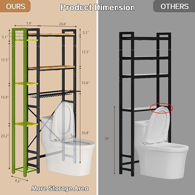 Over The Toilet Storage with Side Shelf, 7 Tier Bathroom Organizer Rack with Paper Holder, Hooks and Basket, Freestanding Above Toilet Shelf for Laundry, Quick Interlock Install (Vintage Brown)