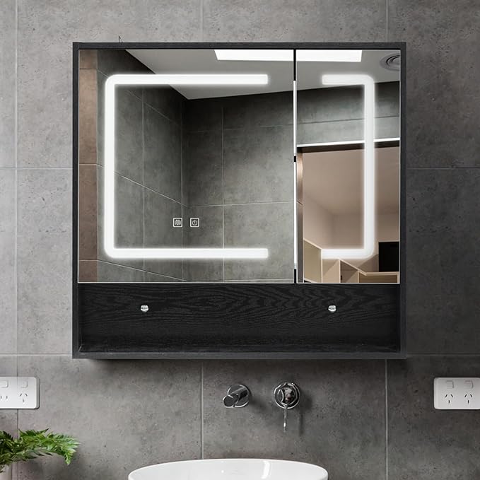 ALIMORDEN Medicine Cabinet with Light, Bathroom Wall Cabinet with Defogger Mirror & LED Lights, 2 Doors Wall Mounted Bathroom Mirror, Recessed or Surface Mount, Morden Black(Cubic 30.4 x 29.5), Small