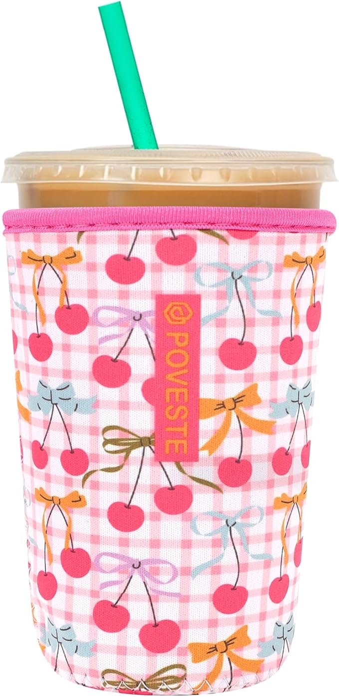 Reusable Neoprene Insulator Sleeve for Iced Coffee & Cold Soda, Coffee Sleeves for Iced & Hot Drinks, Cold Beverage Cooler Compatible with Starbucks, Dunkin (Cherry Picked, Medium: 22-24oz)