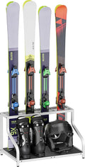 Ski Storage Rack for Garage — Freestanding Ski Holder for 4 Pair Skis, Boot, Helmet, Goggles, Indoor Snowboard Rack Organizer Stand for Home, Shed, Basement, White