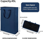 Odonata Slim Laundry Hamper Handles Collapsible Laundry Basket Thin Dirty Clothes Basket Narrow Laundry Bag Foldable Dirty Hamper 45L (Navy blue)