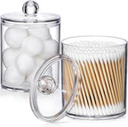 2 Pack Acrylic Qtip Holder Dispenser for Cotton Swabs, Balls, Pads, Floss Picks- Small Clear Plastic Canister Apothecary Jar Set, Bathroom Essentials Accessories Decor, Vanity Makeup Storage Organizer