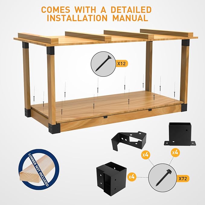 Heavy Duty Overhead Garage Storage Rack Kit for 2x4 Wood (Actual 1.5"x3.5") - DIY Ceiling Storage System, 500 lbs Capacity, Easy Install, Metal Brackets (No Lumber Included)
