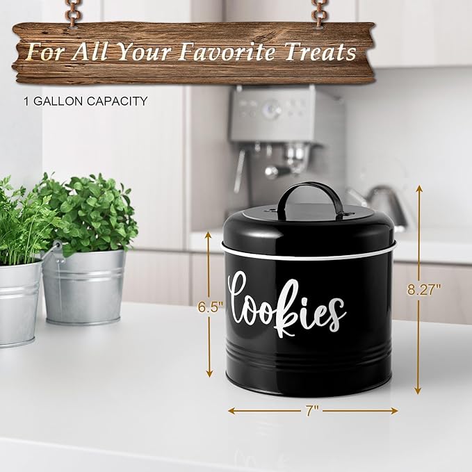 Farmhouse Cookie Jar for Kitchen Counter, 1 Gallon Vintage Cookie Jar with Airtight Lid, Large Food Storage Container for Candy, Cookies, Dessert, Black Kitchen Decor and Accessories