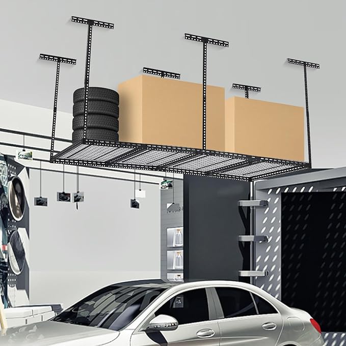 Garage Storage Rack 4x8 ft Overhead Ceiling Mounted Storage Racks Adjustable Garage Storage Organization of Heavy Duty Metal 600Lbs Weight Capacity