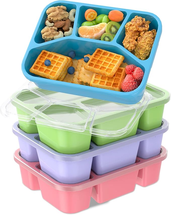 Bento Adult Lunch Box (4 pack), 4-Compartment Meal Prep Container with Transparent Cover, Reusable Lunch Containers for Kids, No BPA, Microwave/Dishwasher Safe (PP(Red/Green/Blue/Purple))