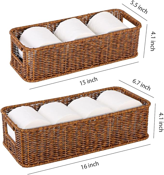 2Pack Toilet Paper Storage Basket, Small Wicker Basket For Toilet Paper Rolls, Waterproof Hand Woven Organizer Baskets Over Tank Topper, Shelf Baskets for Bathroom Countertop (Coffee Brown)