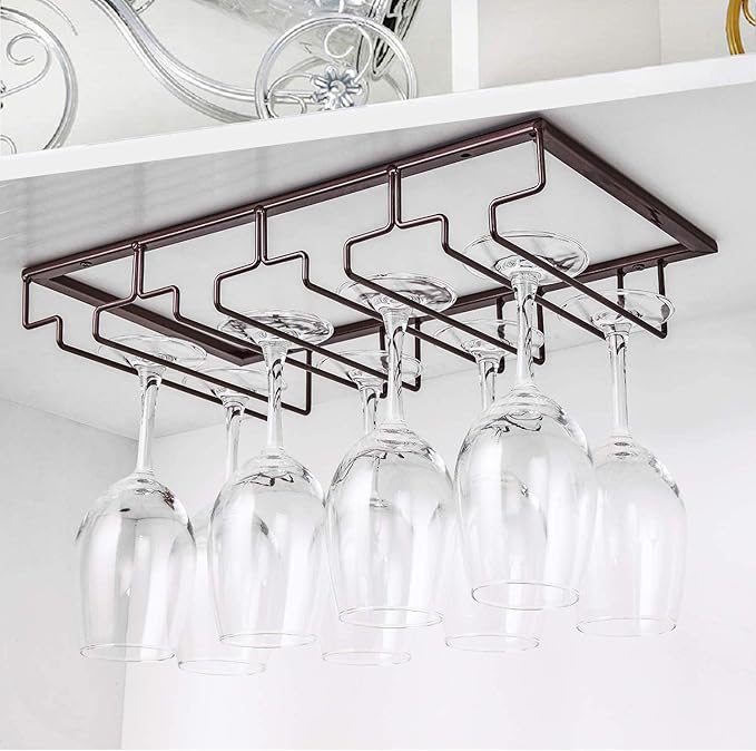 Wine Glass Rack - Under Cabinet Stemware Wine Glass Holder Glasses Storage Hanger 2 Pack Metal Organizer for Bar Kitchen 4 Rows Brown