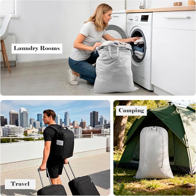 Laundry Bag, Extra Large Travel Laundry Bags with Handles & Drawstring Closure, 24"x 36" Dirty Clothes Storage Bag, Basket Hamper Liner, Organizer Sack for Laundry Room, Camping, Grey
